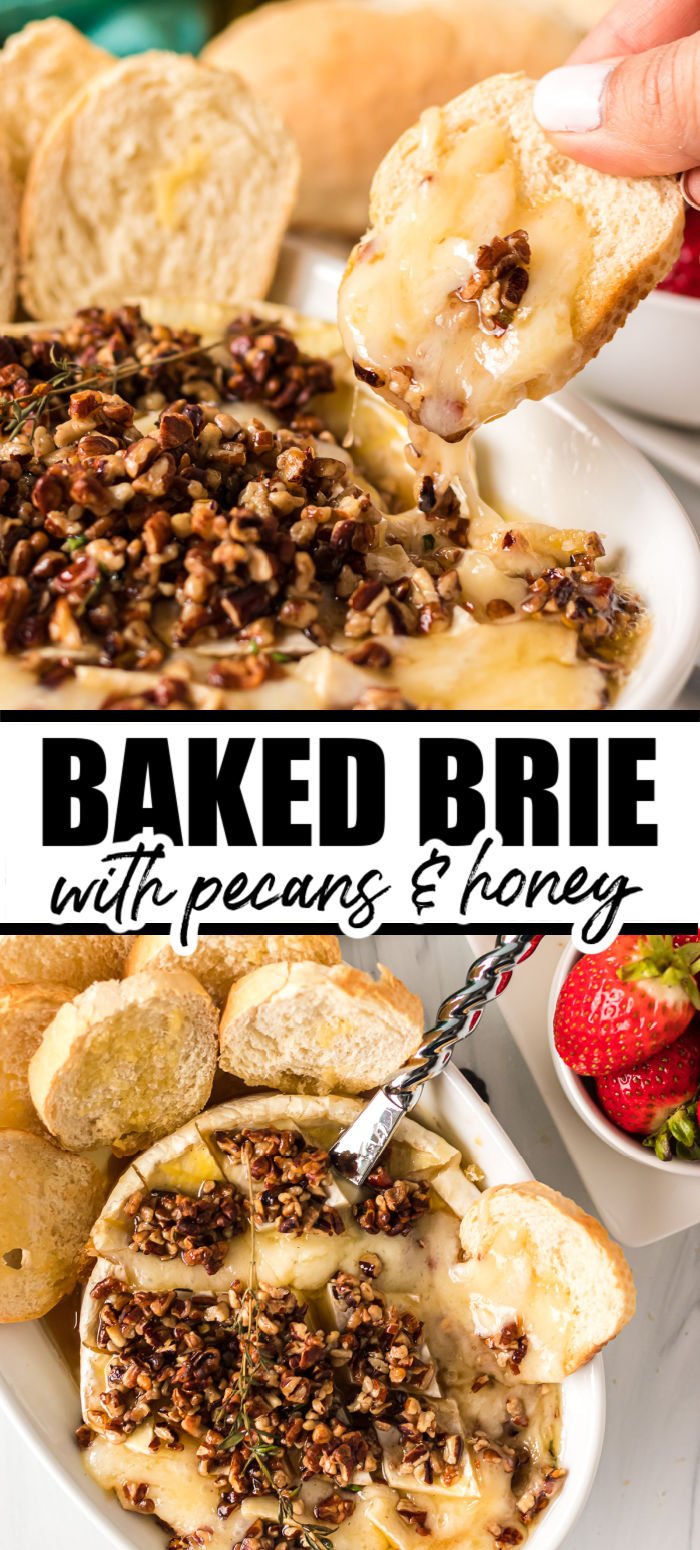 This baked brie recipe features a rich, creamy, buttery brie round and is topped with naturally sweet honey, fresh, fragrant thyme, red pepper flakes, and finished with pecans for the perfect honey nut brie centerpiece! | persnicketyplates.com