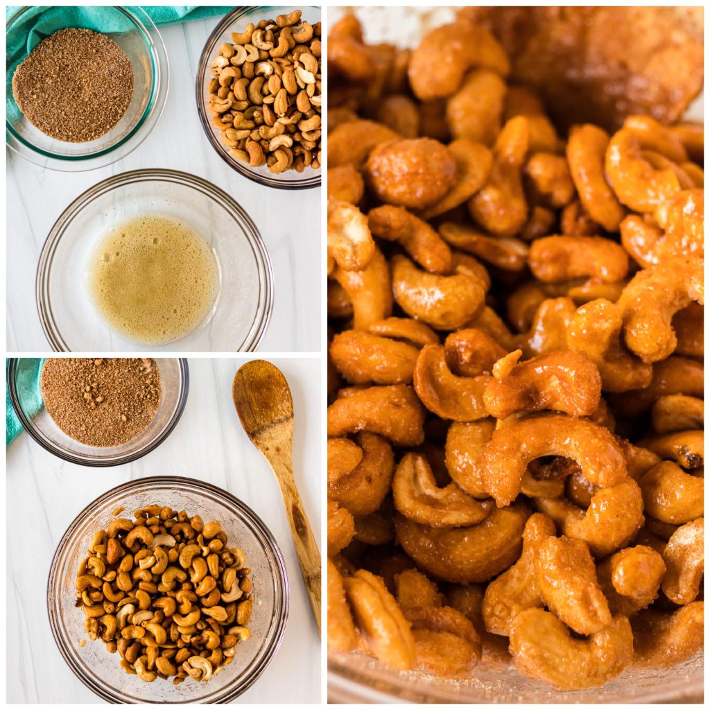 collage of three photos showing the process of making candied cashews