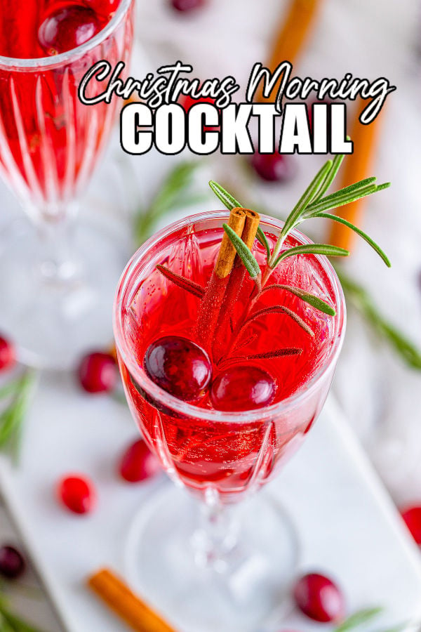overhead shot of a christmas mimosa with text reading "christmas morning cocktail"