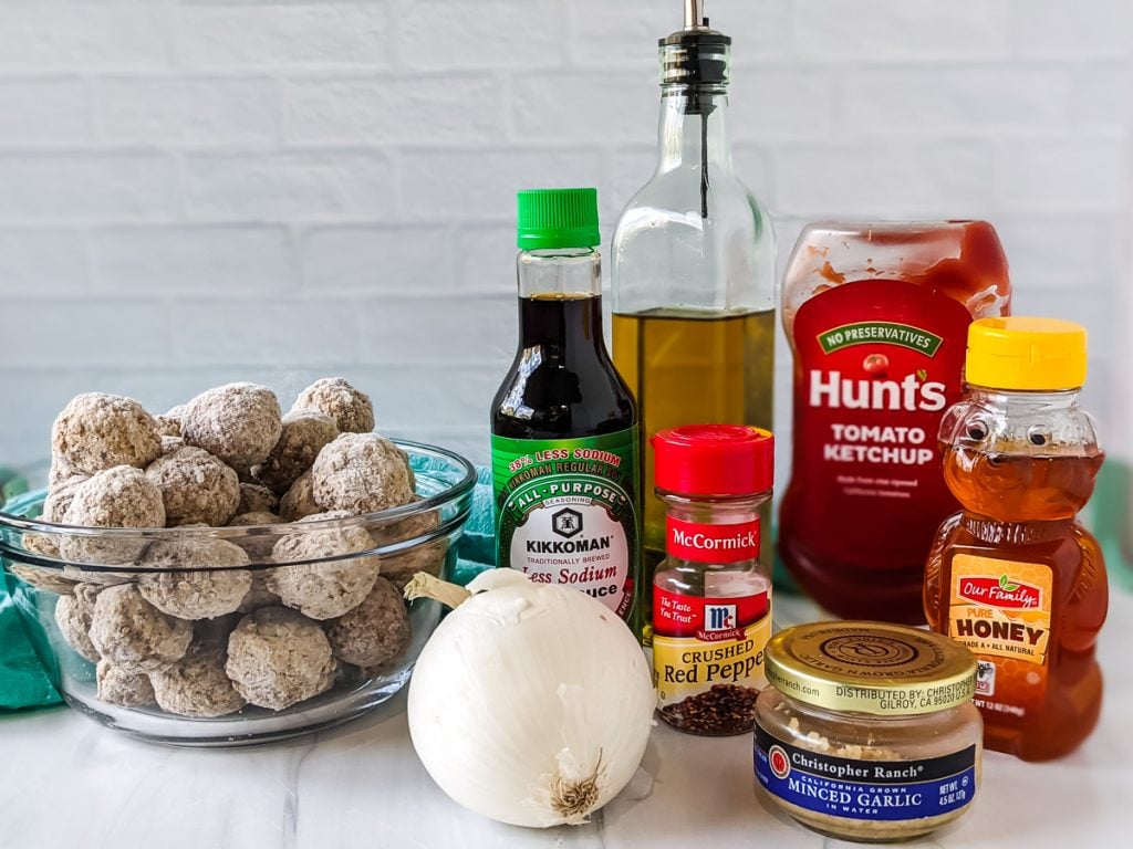 ingredients laid out to make crockpot honey garlic meatballs