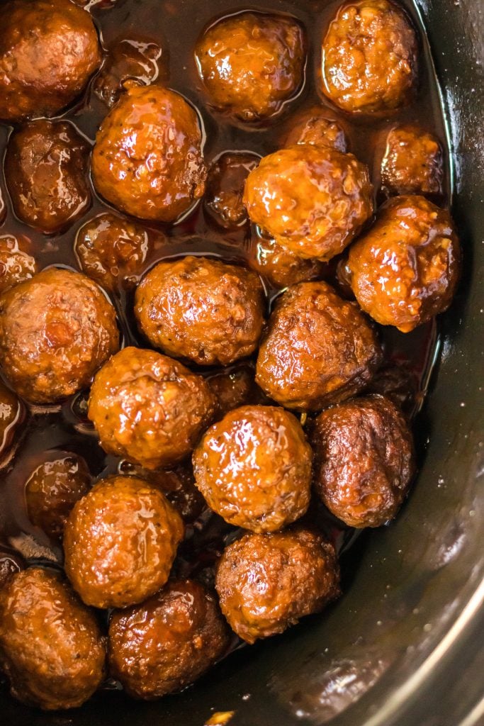 honey garlic meatballs in the crockpot basin