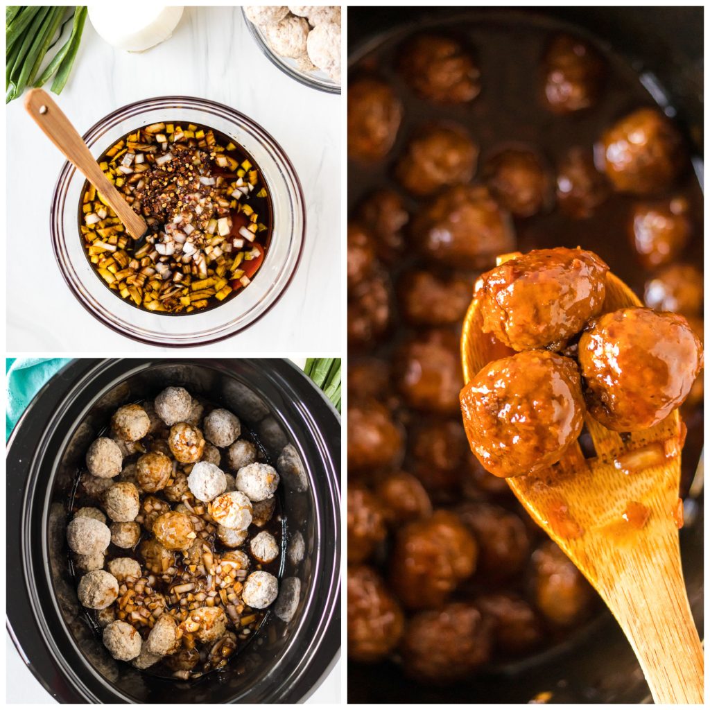 collage of 3 pictures showing sauce poured on meatballs in a slow cooker and meatballs being lifted from the crockpot on a spoon