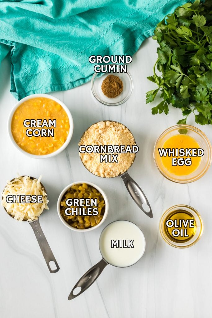 overhead shot of labeled ingredients laid out to make corn casserole