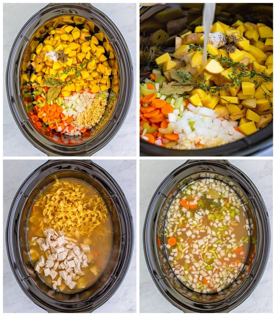 collage of 4 photos showing the process of making crockpot turkey noodle soup