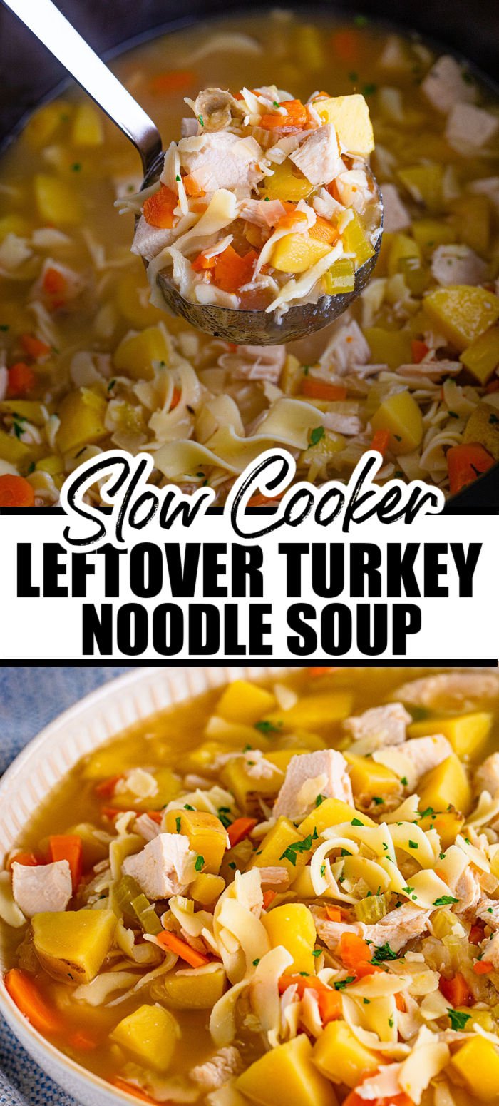 Leftover turkey soup is made in the crock pot and is the perfect recipe to use up some Thanksgiving leftovers. Filled with turkey, vegetables, noodles, and potatoes, this comforting soup will make your house smell amazing as it cooks in the slow cooker.  | www.persnicketyplates.com