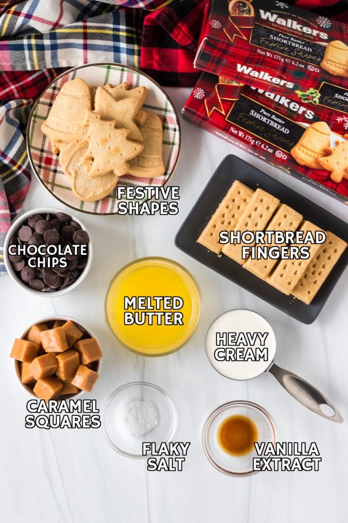 overhead shot of ingredients laid out to make millionaire bars with walkers shortbread