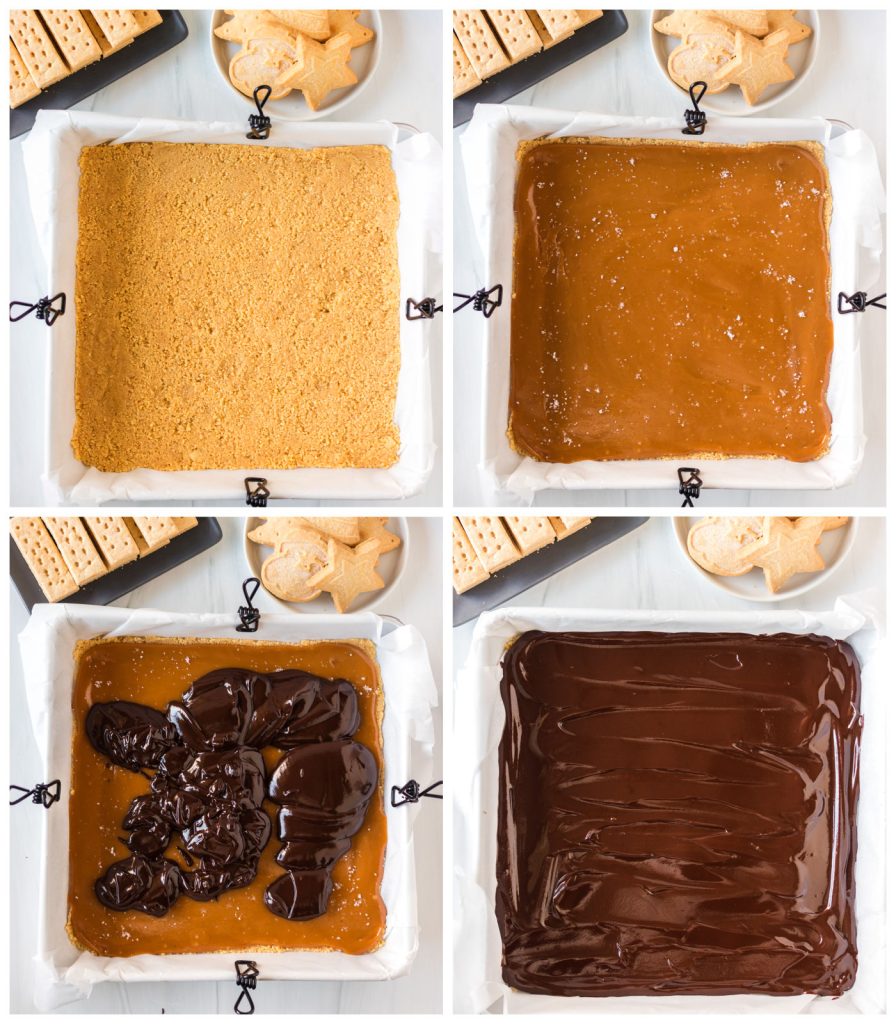 collage of 4 photos showing the layers of shortbread, caramel, and chocolate ganache of millionaire bars