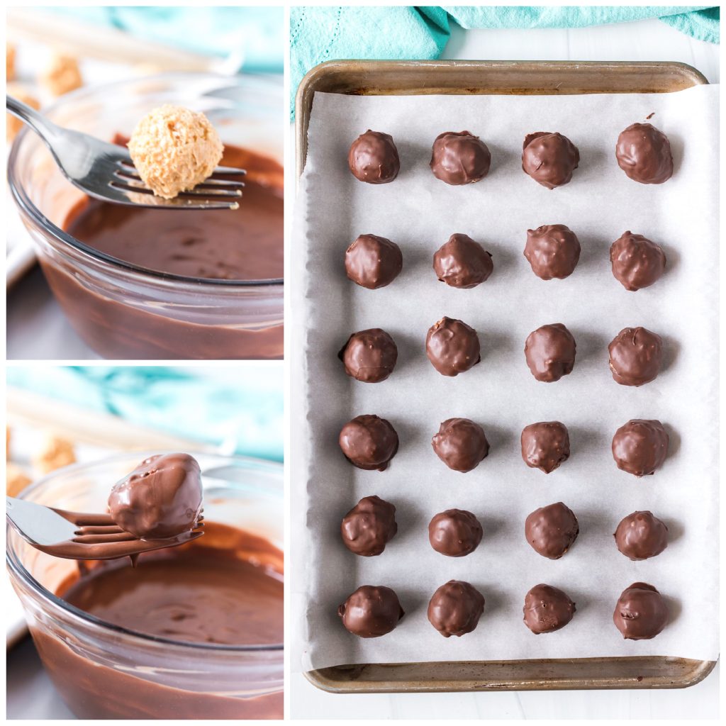 collage of photos showing pb rice krispie balls being dipped into chocolate