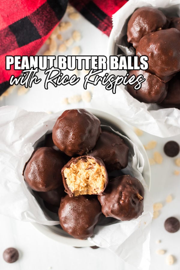 bowl of chocolate covered peanut butter rice krispie balls with text reading "peanut butter balls"