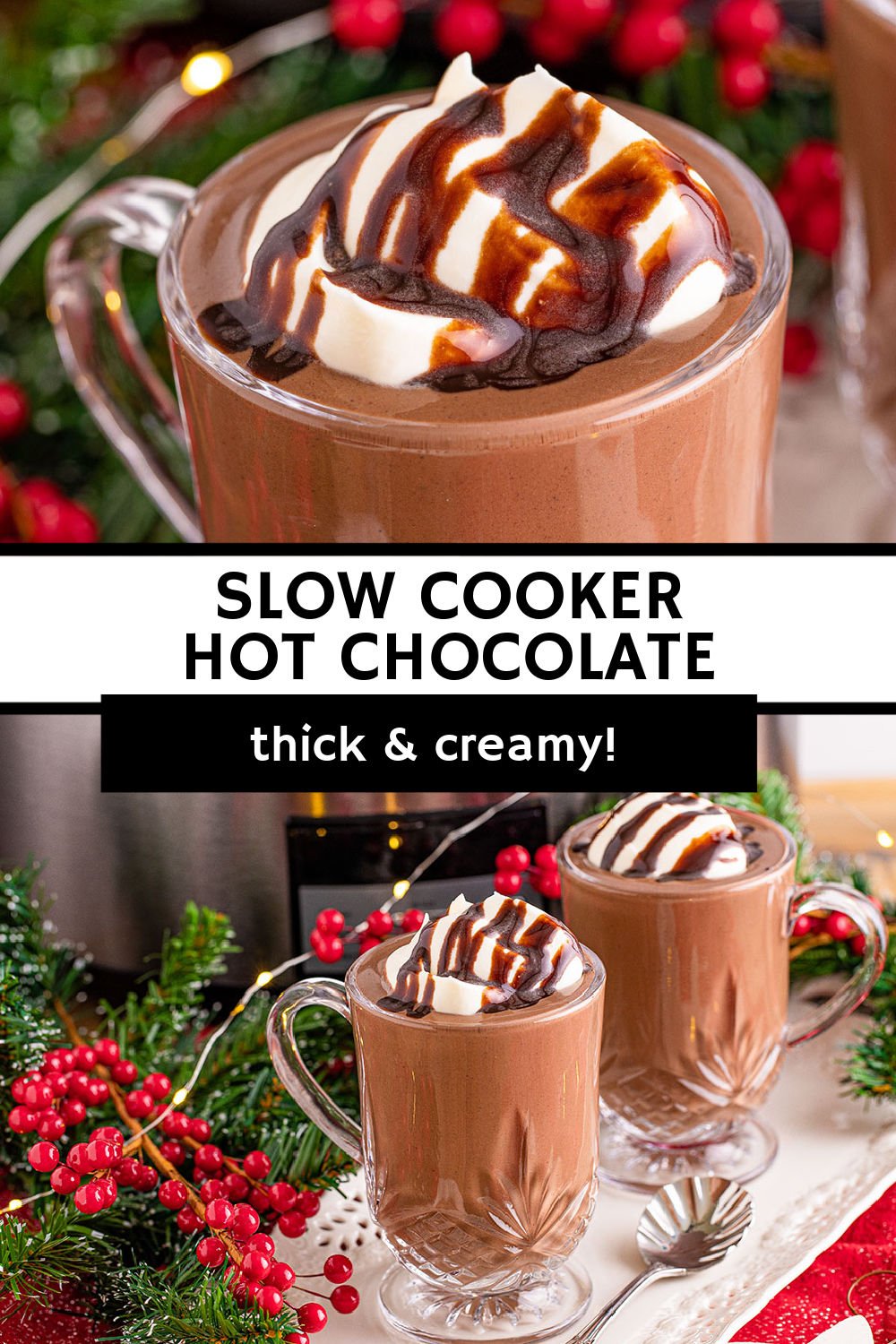 This slow cooker hot chocolate recipe is the absolute BEST! It's the perfect consistency, right between thin and thick.  It's smooth, rich, and drinks like velvet! The rich semi-sweet dark chocolate paired with heavy cream and sweetened condensed milk is unlike anything those boxed hot cocoa mixes have to offer! | www.persnicketyplates.com