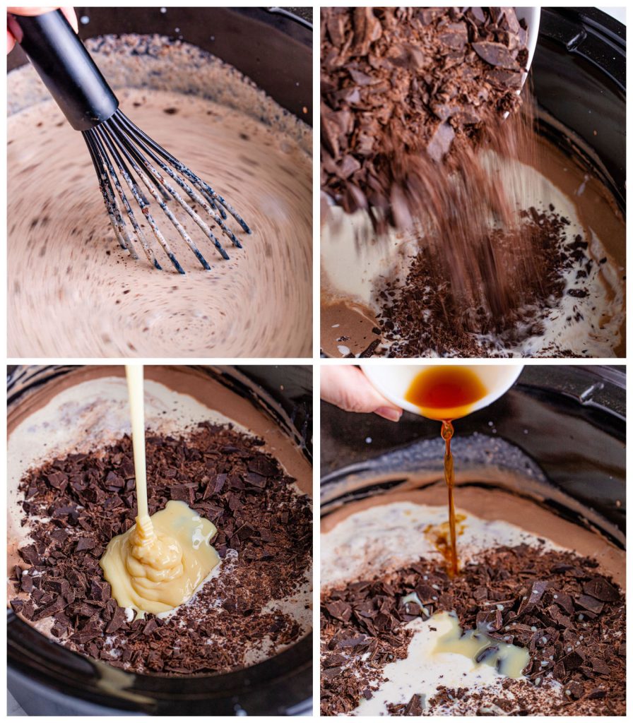 collage of photos showing the process of making hot chocolate from scratch in the crockpot