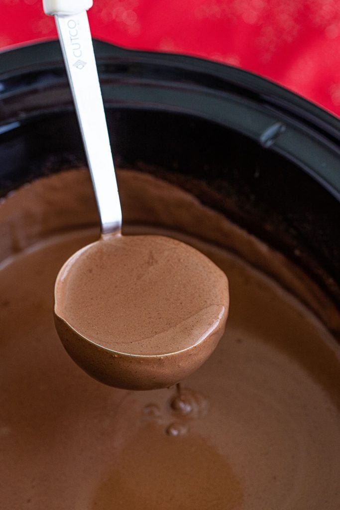 ladle scooping hot chocolate from a slow cooker