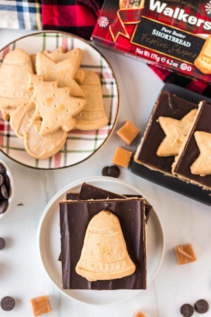 overhead shot of millionaire bars with walkers shortbread christmas shapes