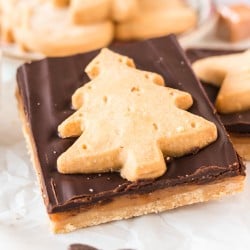 closeup of millionaire shortbread bar topped with christmas tree shaped walkers shortbread