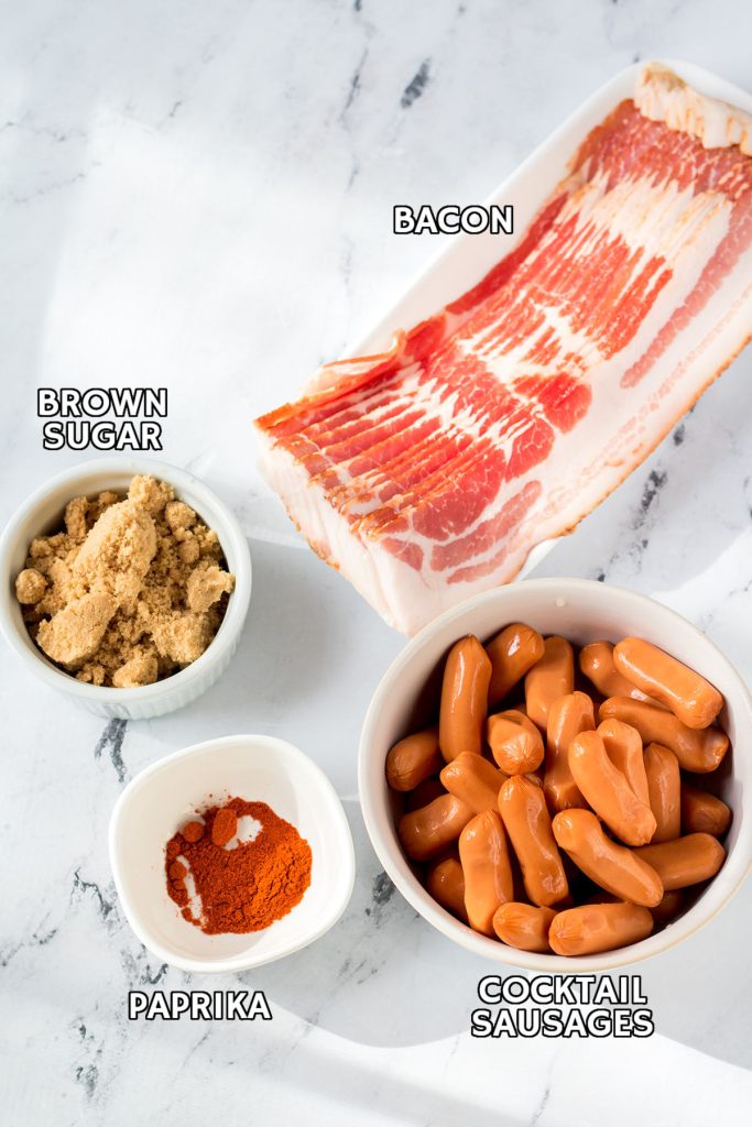 little smokies, bacon, brown sugar, and paprika laid out to make slow cooker bacon wrapped smokies