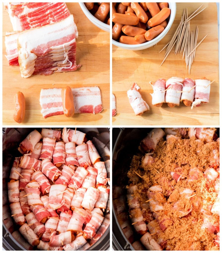 collage of 4 photos showing the process of wrapping little smokies in bacon for the slow cooker