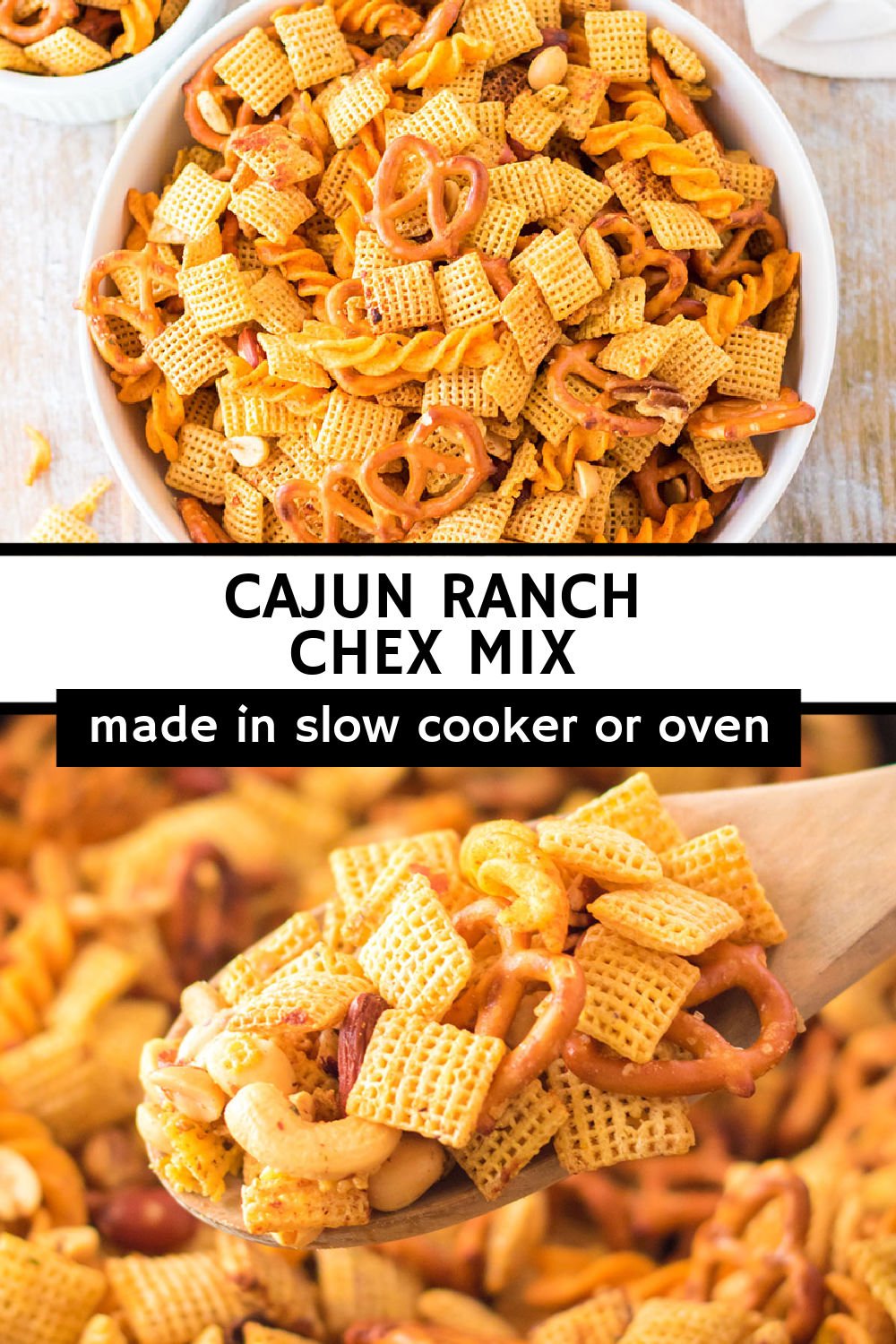Cajun Chex Mix - bold, spicy, and full of texture. This party Chex mix recipe has everything -  a flavorful cajun spice blend paired with garlic, onion, butter, and ranch seasoning for a snack experience your guests will never forget! Throw it in the slow cooker, heat, and serve. | www.persnicketyplates.com