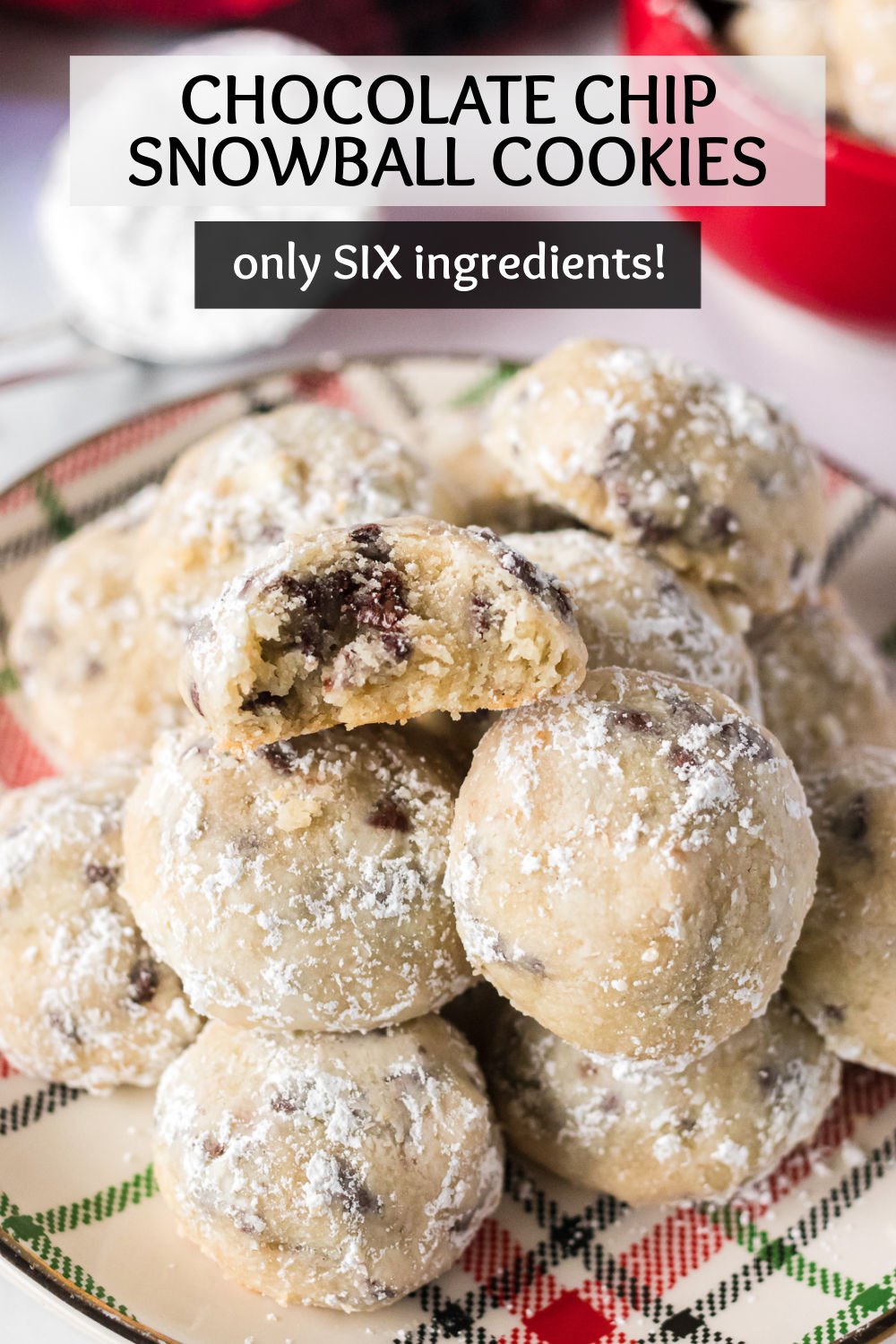Chocolate Chip Snowball Cookies are a buttery, tender, bite-sized cookie filled with mini chocolate chips. Because they only require six ingredients, no mixer, and they make a large batch, you'll want this easy cookie recipe in your holiday rotation.  Though they go by many names (Chocolate Chip Butterballs, Russian Tea Cakes, Mexican Wedding Cakes), these simple cookies are a favorite around the world. | www.persnicketyplates.com