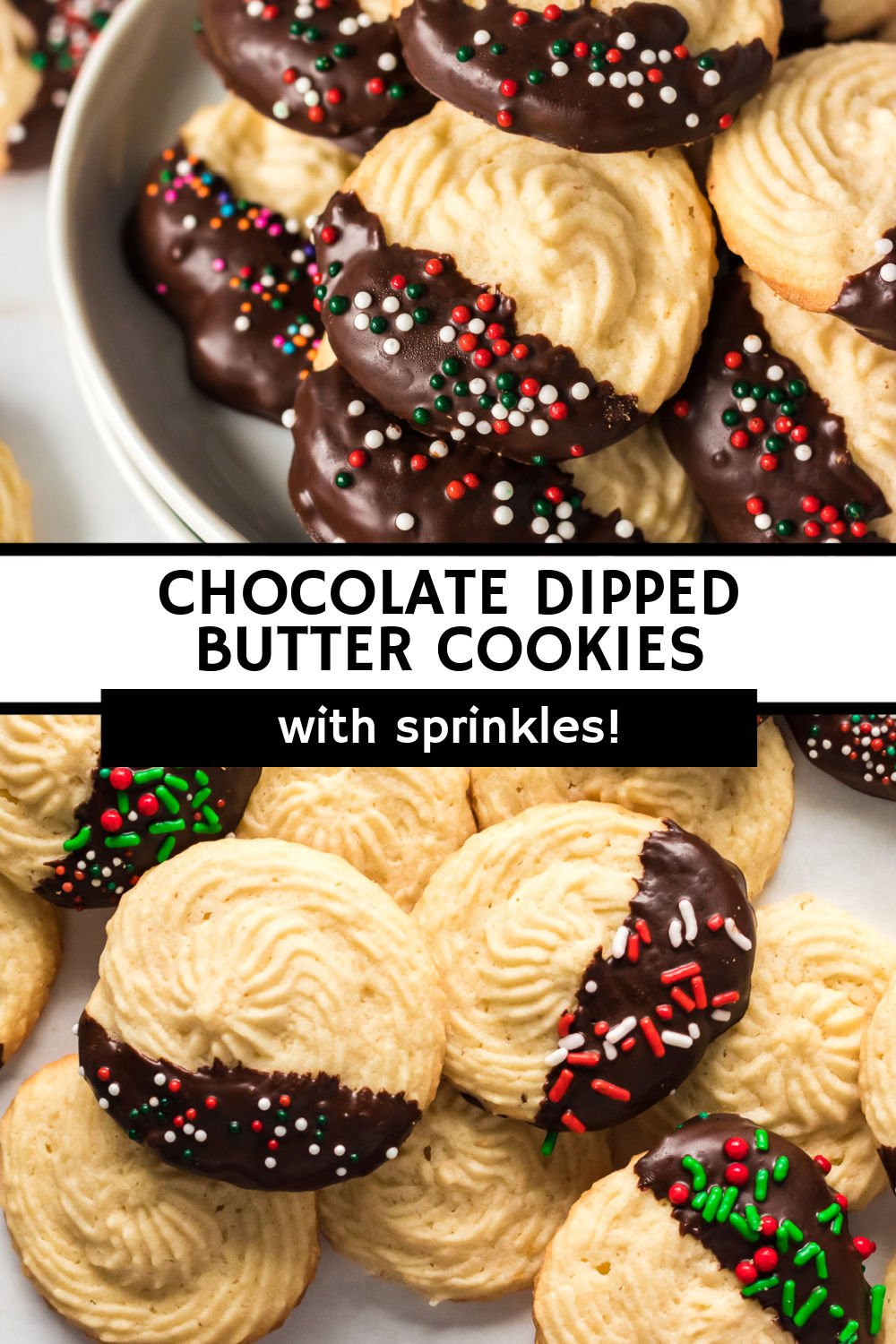 Simple chocolate dipped butter cookies are a holiday staple. Pipe them into swirls, dip them in dark chocolate, add some sprinkles, and you've got a classic cookie everyone knows and loves. | www.persnicketyplates.com