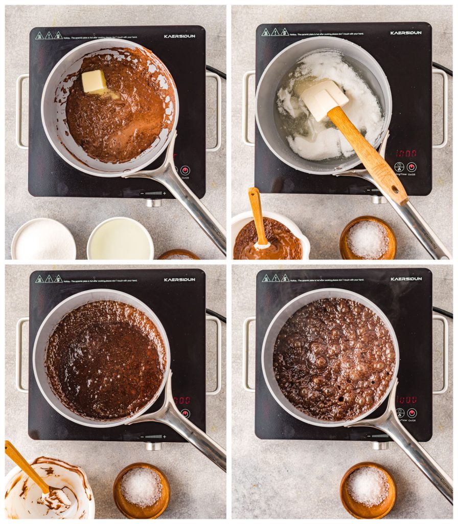 collage of 4 photos showing the process of bringing sugar to temperature for caramels