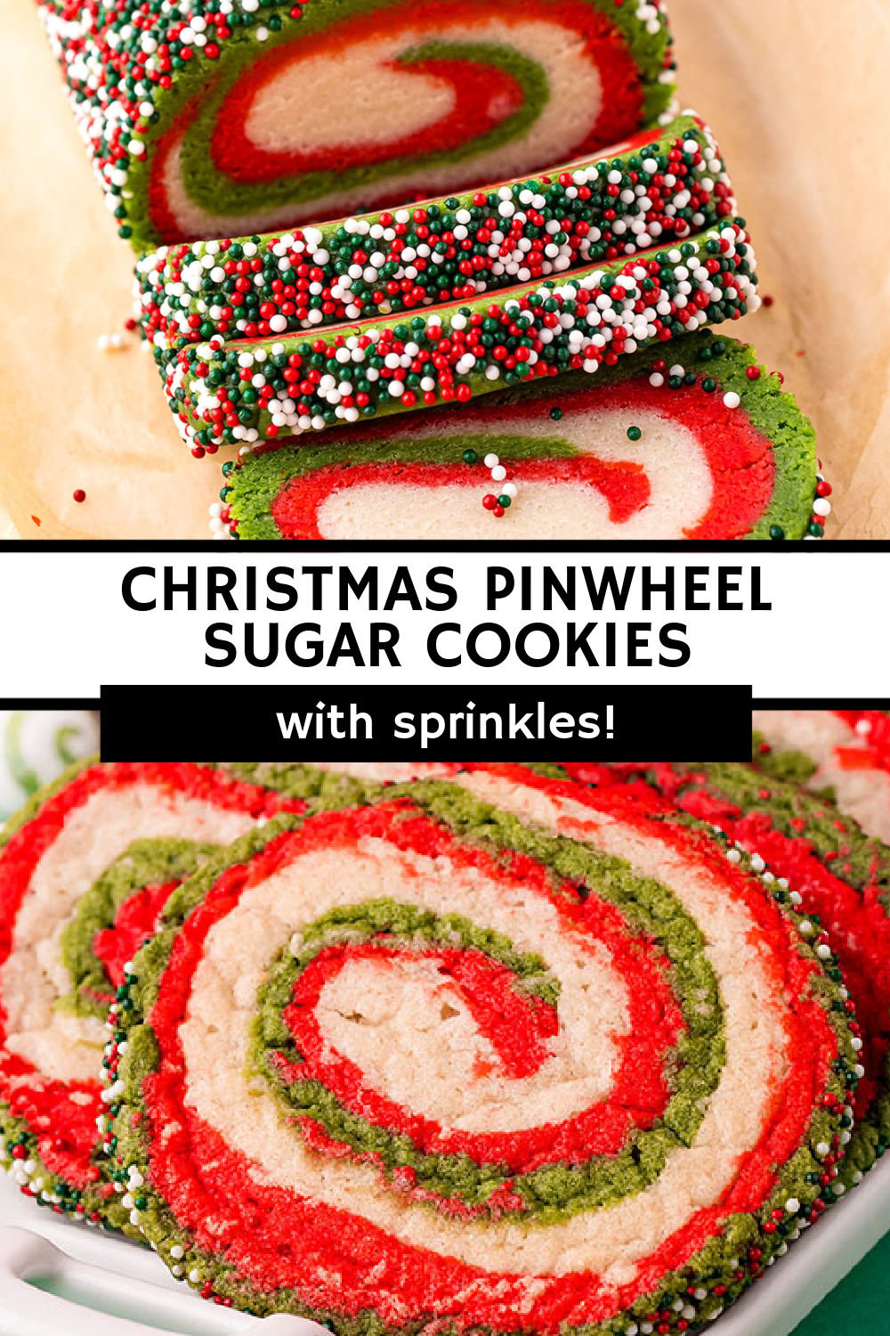 These pinwheel cookies are perfect for the Christmas season! Store-bought sugar cookie dough is transformed into a vibrant red, green, and white swirl cookie with a crunchy sprinkle edge - it doesn't get any more festive than this! | www.persnicketyplates.com