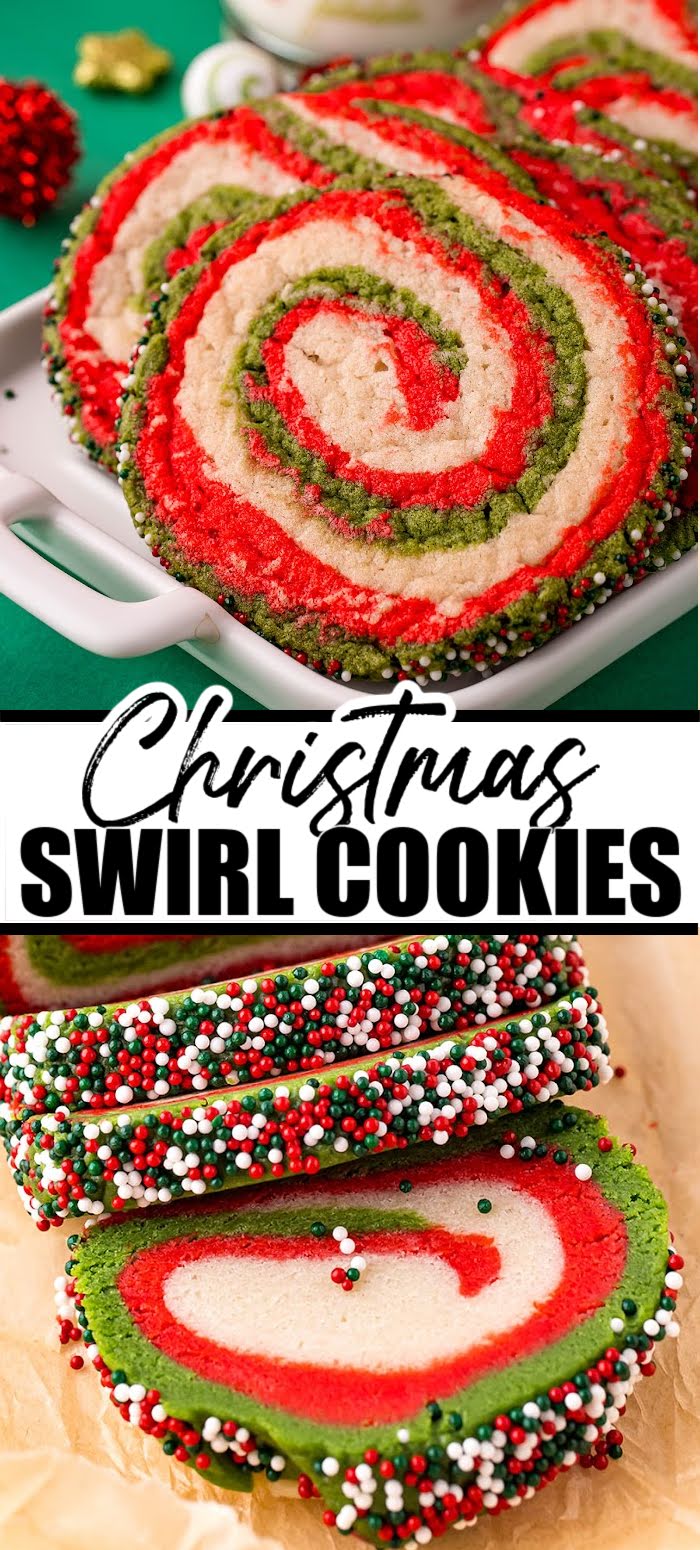 These pinwheel cookies are perfect for the Christmas season! Store-bought sugar cookie dough is transformed into a vibrant red, green, and white swirl cookie with a crunchy sprinkle edge - it doesn't get any more festive than this! | www.persnicketyplates.com