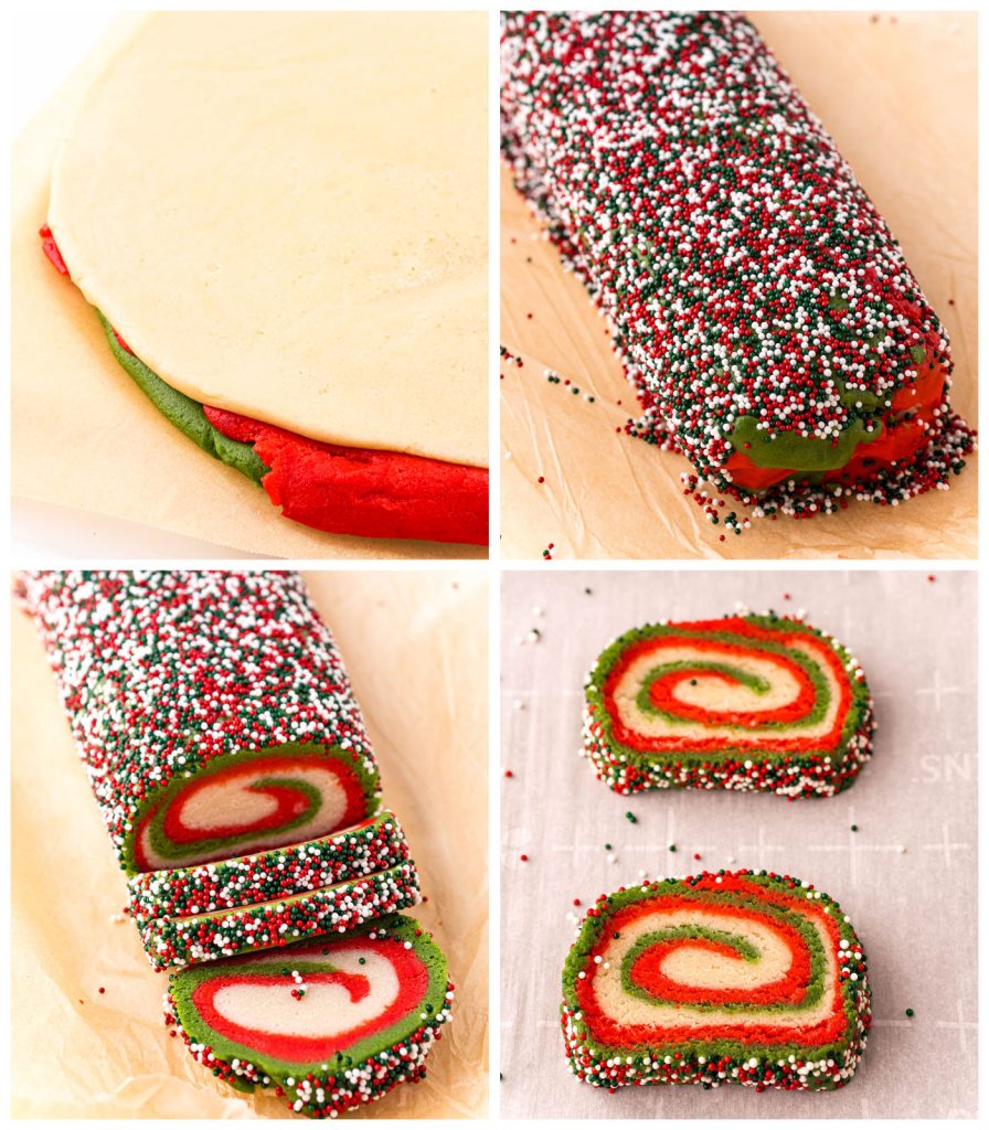 collage of 4 colors showing how to make christmas pinwheel cookies