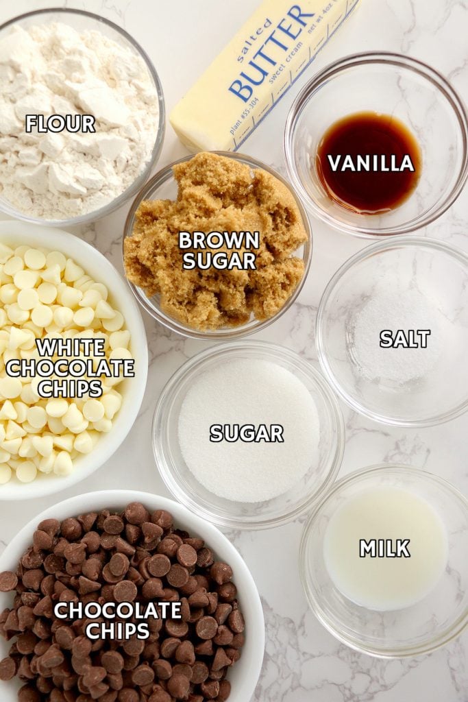overhead shot of labeled ingredients laid out to make edible cookie dough