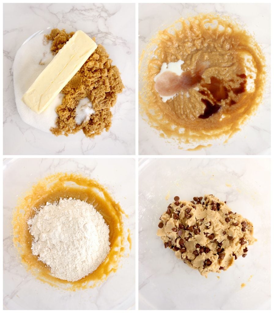 collage of four photos showing the process of making cookie dough