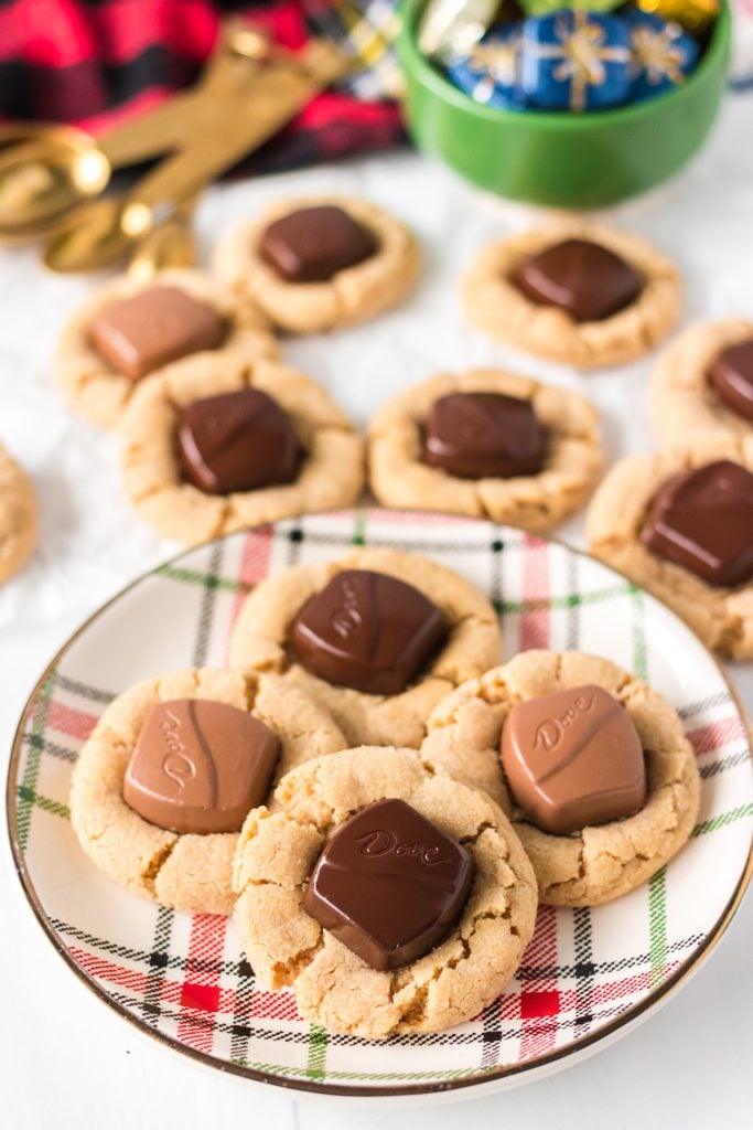 plate of peanut butter blossoms with dove chocolates