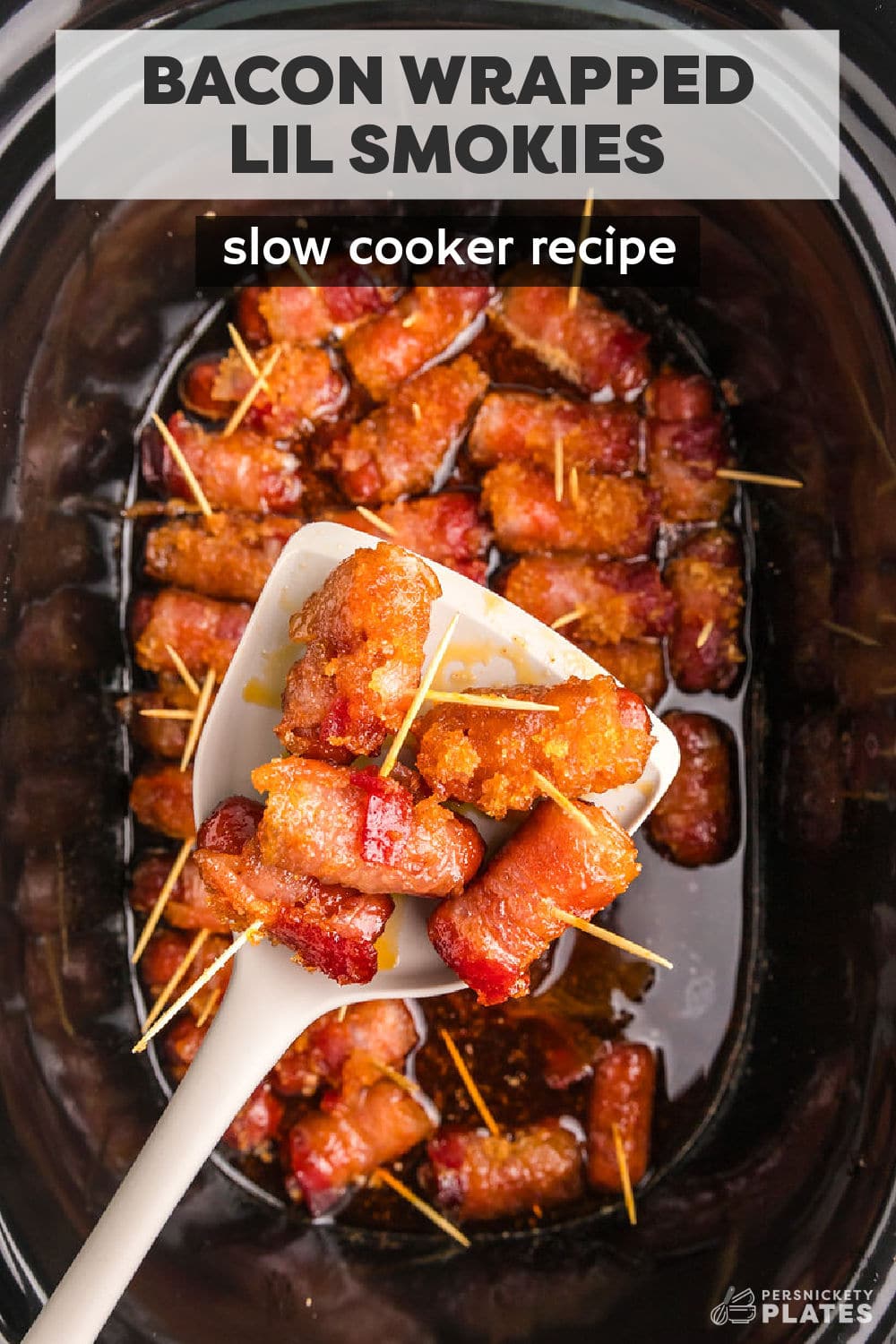 Bacon Wrapped Little Smokies are a crowd favorite and the best part is, you only need FOUR ingredients to make this easy appetizer in the crock pot. | www.persnicketyplates.com