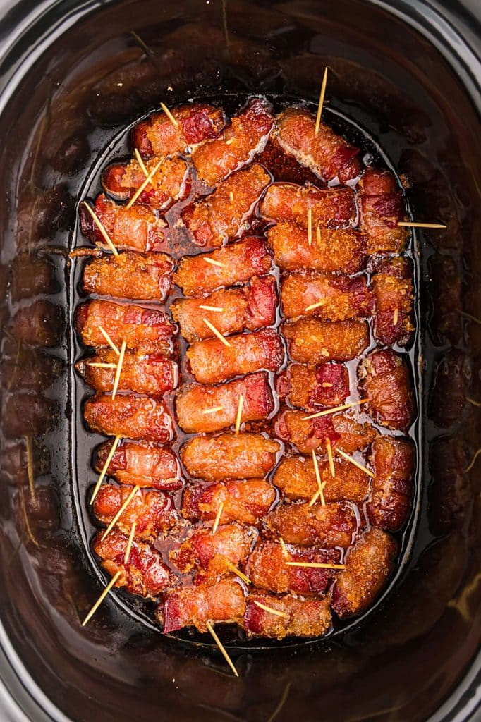 Easy Appetizer - Slow Cooker Glazed Bacon Wrapped Sausage Bites - Merry  About Town