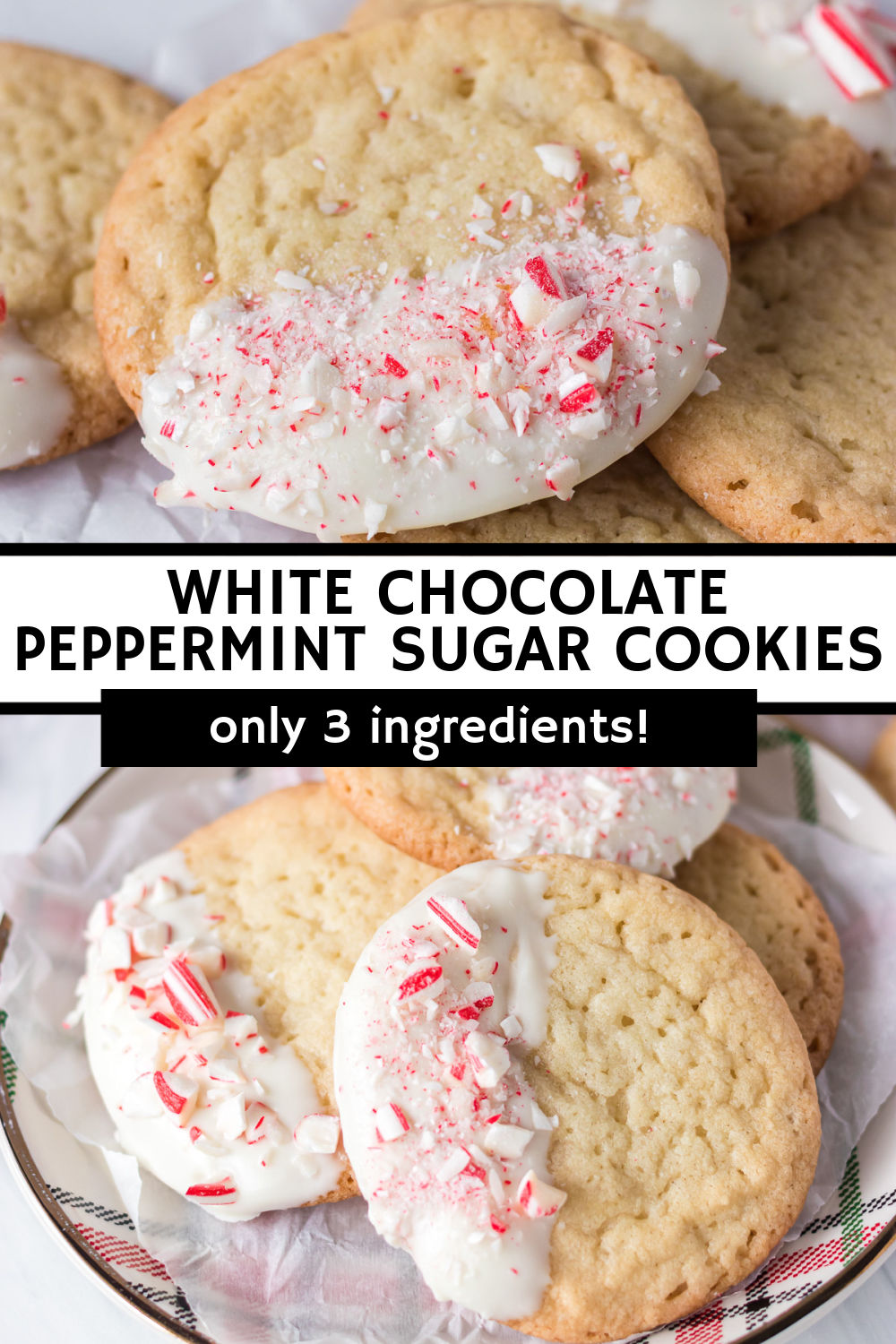 White Chocolate Dipped Peppermint Candy Cane Sugar Cookies - a semi-homemade Christmas treat! Break and bake sugar cookies dipped halfway in white chocolate candy melts and topped with crushed candy canes. The easiest Christmas cookie you'll ever make! | www.persnicketyplates.com