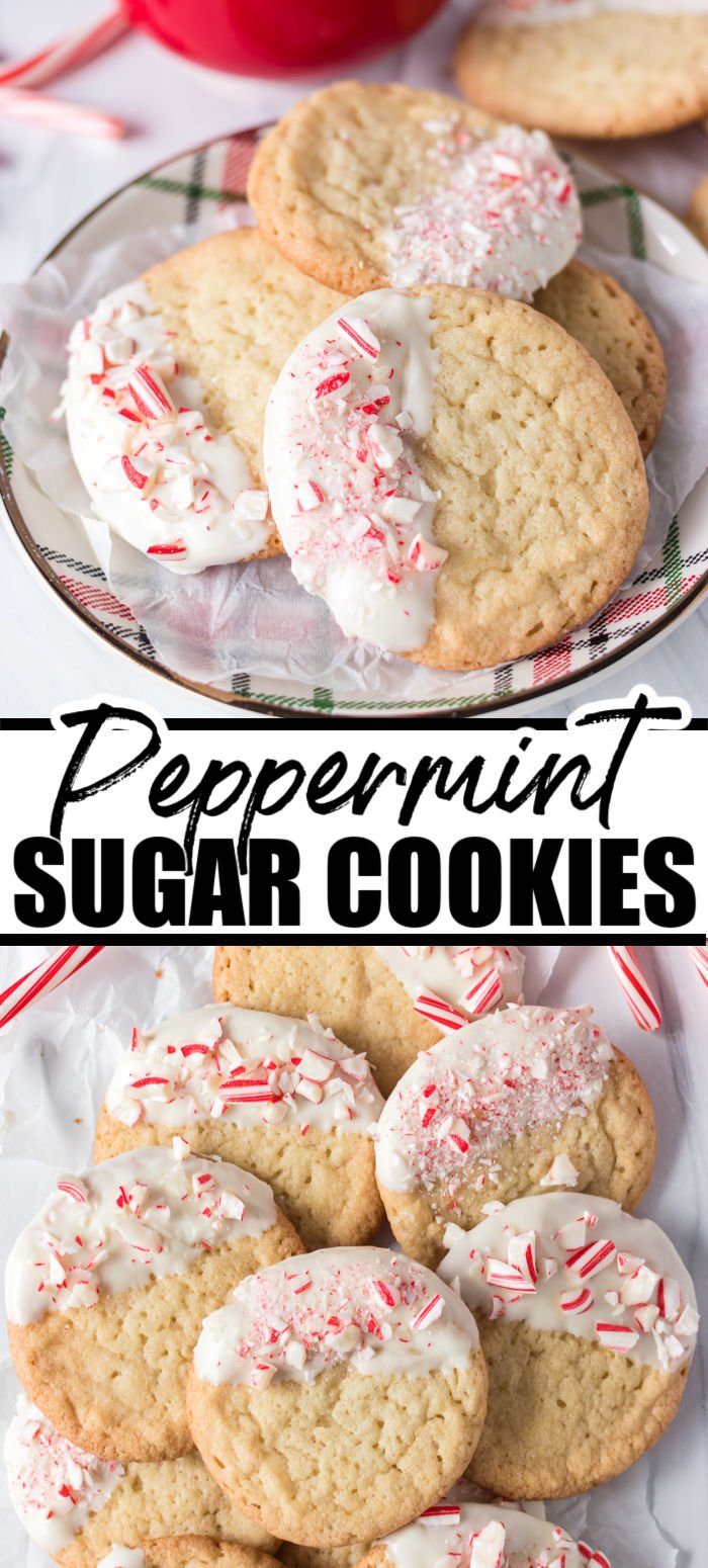 White Chocolate Dipped Peppermint Candy Cane Sugar Cookies - a semi-homemade Christmas treat! Break and bake sugar cookies dipped halfway in white chocolate candy melts and topped with crushed candy canes. The easiest Christmas cookie you'll ever make! | www.persnicketyplates.com
