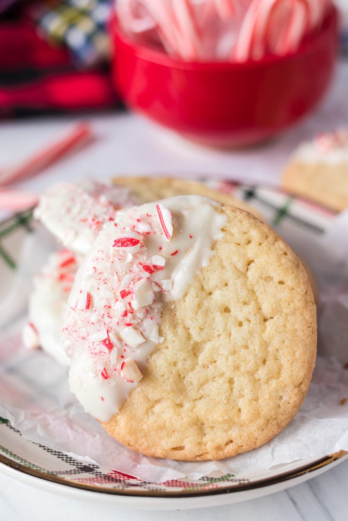 closeup of white chocolate dipped sugar cookie sprinkled with crushed candy canes