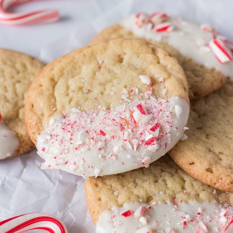 Easy, 3-Ingredient White Chocolate Dipped Peppermint Candy Cane Cookies