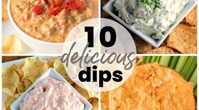 collage of dips with text overlay reading "10 delicious dips".