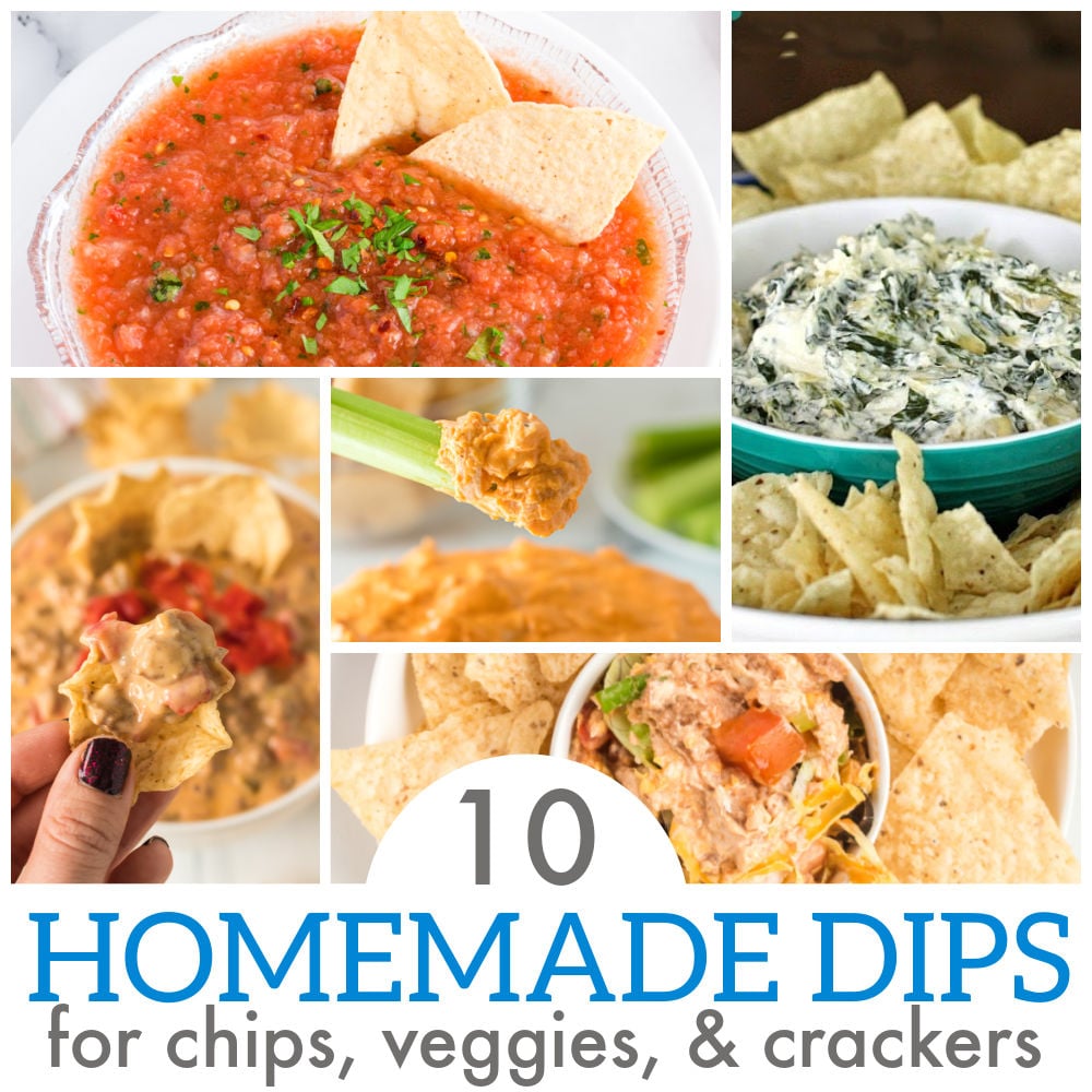 collage of dips with text overlay reading "10 homemade dips".