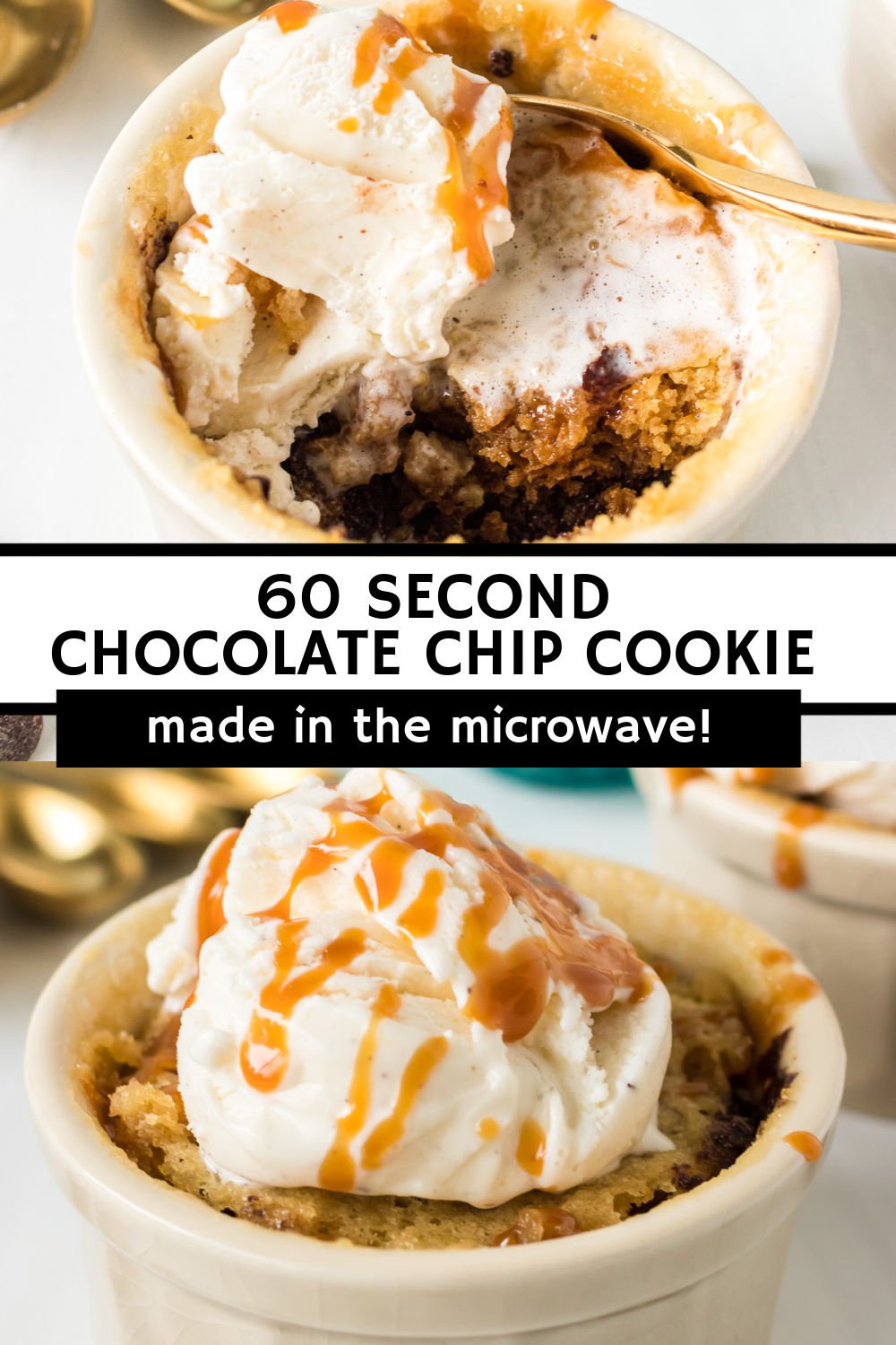 What if I told you you can make a warm, chewy chocolate chip cookie in the microwave in just 60 seconds? Well, you can! Topped with a scoop of vanilla ice cream and a drizzle of caramel, they're dangerous because they're so easy, but perfect for a quick craving! | www.persnicketyplates.com