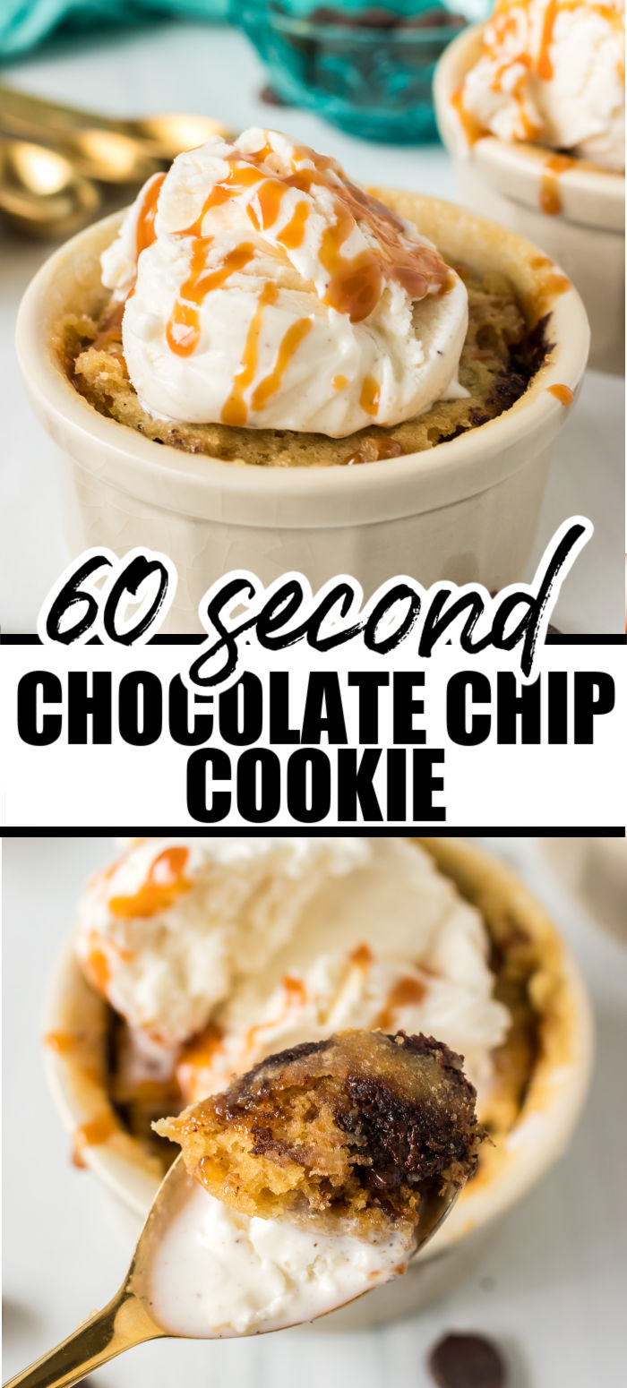 What if I told you you can make a warm, chewy chocolate chip cookie in the microwave in just 60 seconds? Well, you can! Topped with a scoop of vanilla ice cream and a drizzle of caramel, they're dangerous because they're so easy, but perfect for a quick craving! | www.persnicketyplates.com