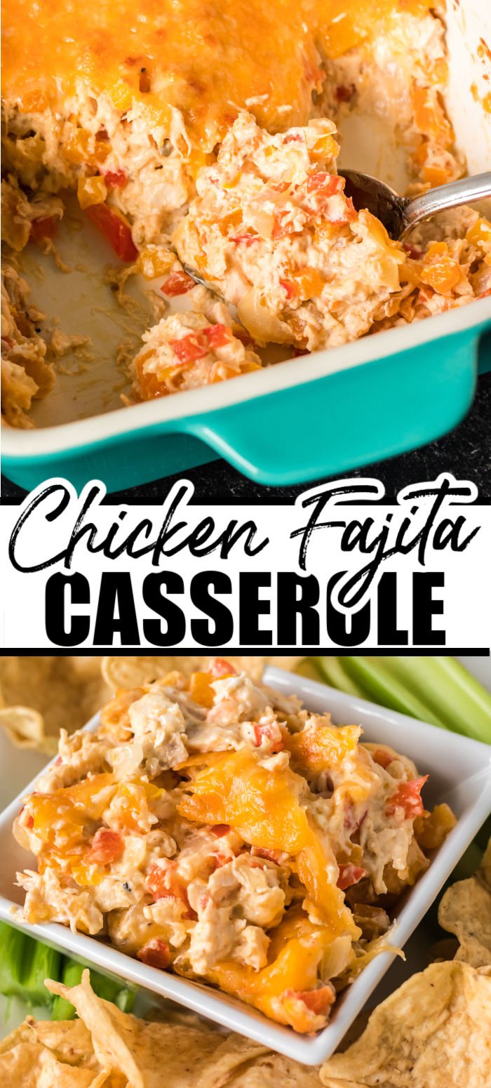 Cheesy Chicken Fajita Casserole - moist shredded chicken paired with onions and colorful bell peppers cooked down in luscious cream cheese and colby cheese sauce, seasoned with traditional fajita spices and baked until golden and bubbly. Serve it as an entree or a dip. | www.persnicketyplates.com