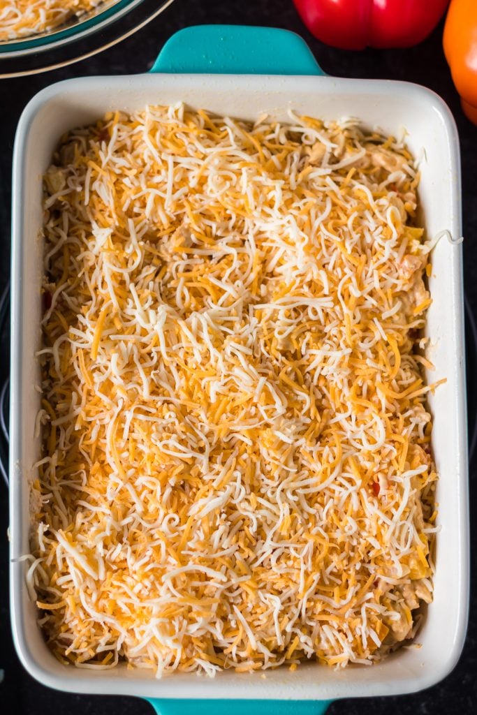 cheese sprinkled over a casserole dish