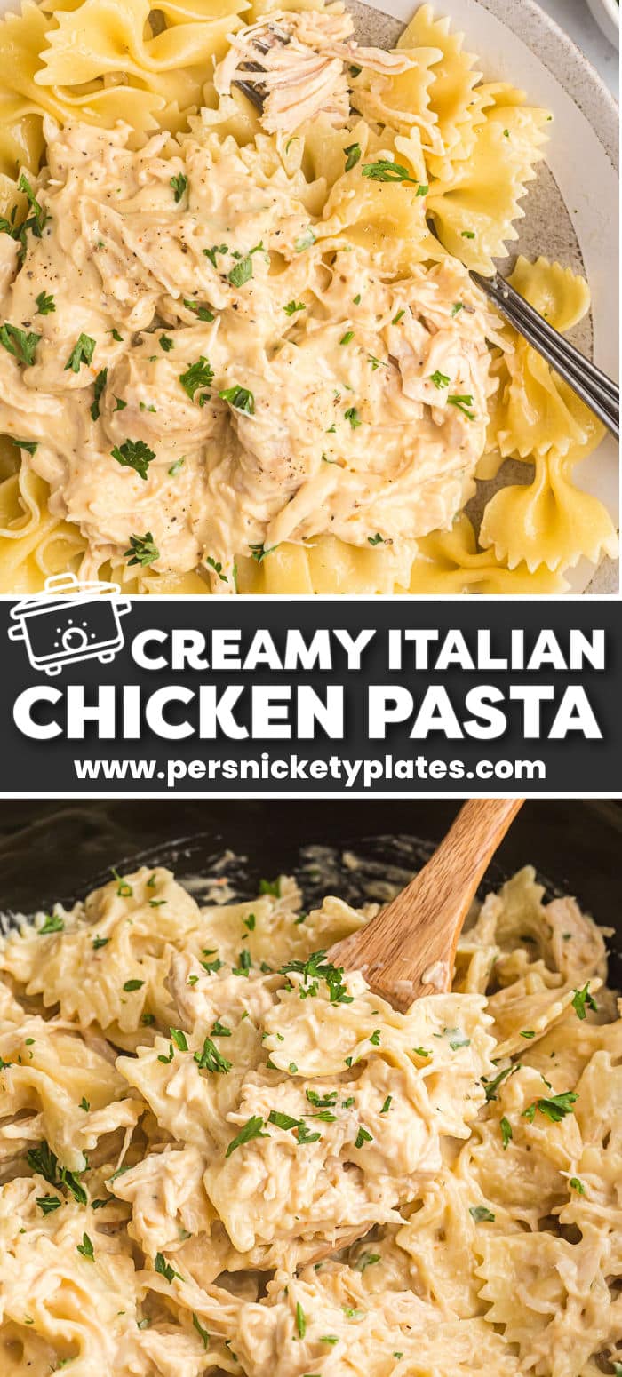 There are only five ingredients in this Slow Cooker Creamy Italian Chicken so it can quickly be thrown together in the crock pot for a meal the whole family will love! Serve over rice or noodles for a very easy dinner. | www.persnicketyplates.com