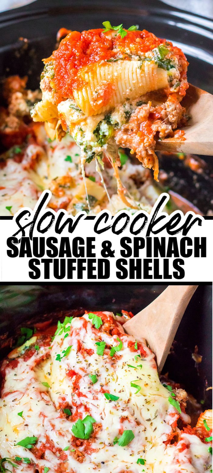 Slow Cooker Stuffed Shells with Sausage and Spinach is an easy crockpot meal. Jumbo shells filled with a cheesy spinach mixture and then topped with a browned sausage (or ground beef!) sauce is an easy, comforting family favorite. | www.persnicketyplates.com