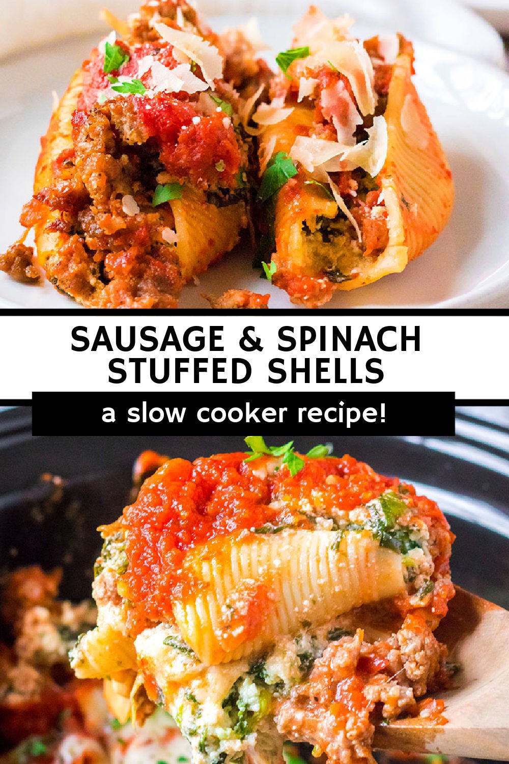 Slow Cooker Stuffed Shells with Sausage and Spinach is an easy crockpot meal. Jumbo shells filled with a cheesy spinach mixture and then topped with a browned sausage (or ground beef!) sauce is an easy, comforting family favorite. | www.persnicketyplates.com
