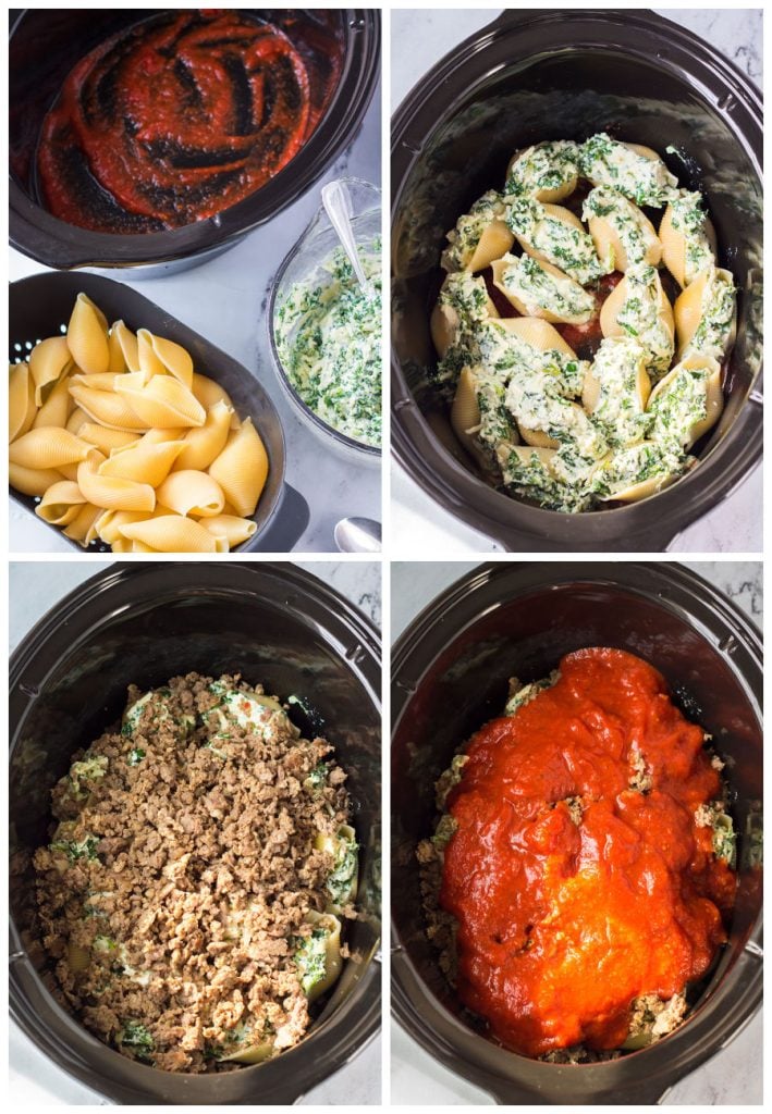 collage of 4 photos showing the process of making stuffed shells in a slow cooker.