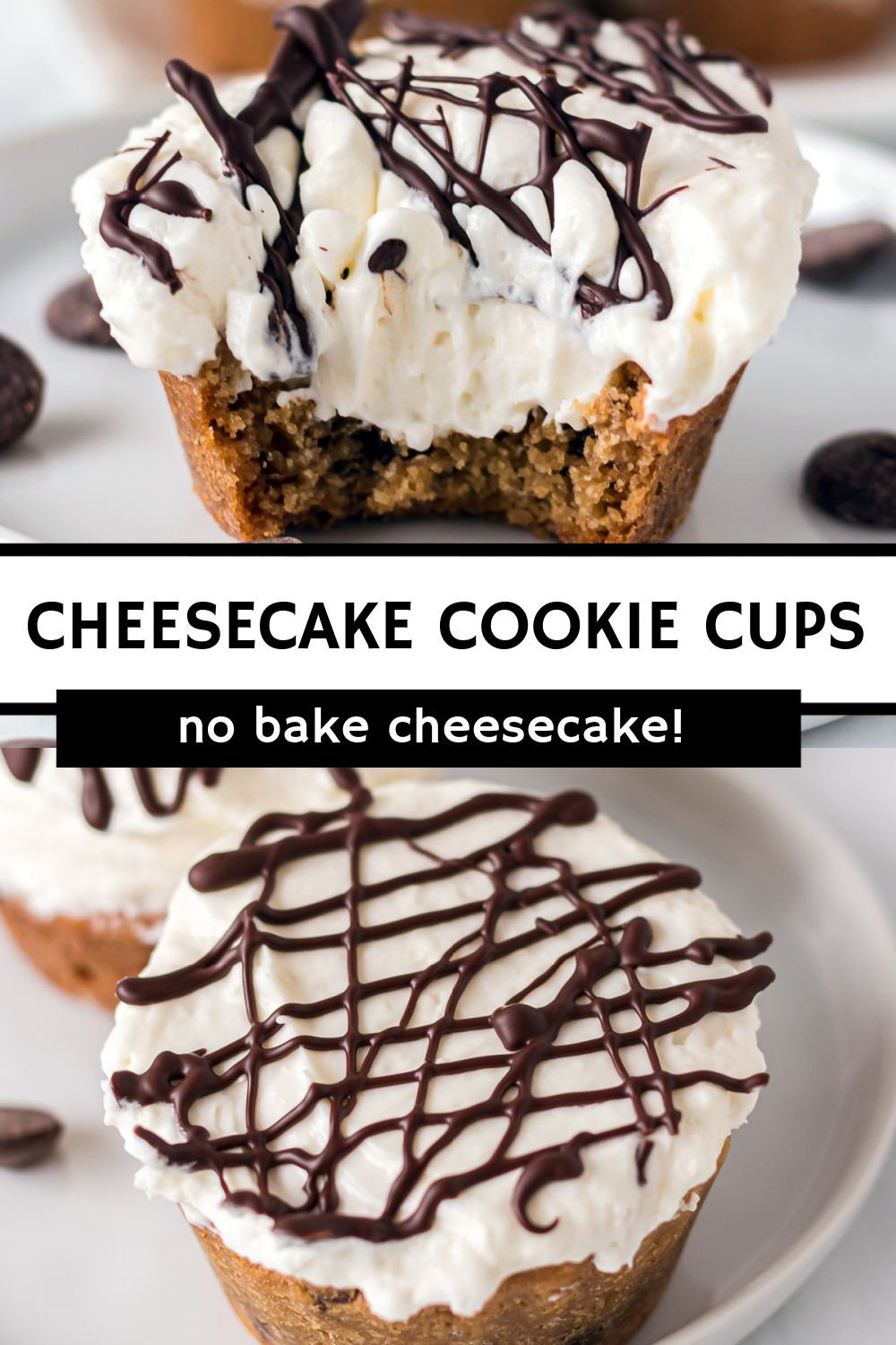 Cheesecake Cookie Cups start with a chocolate chip cookie base (pre-made or from scratch) and then are filled with an four ingredient, fluffy, no-bake cheesecake filling. Finish it all off with a chocolate drizzle and you have an easy and delicious mini dessert!
