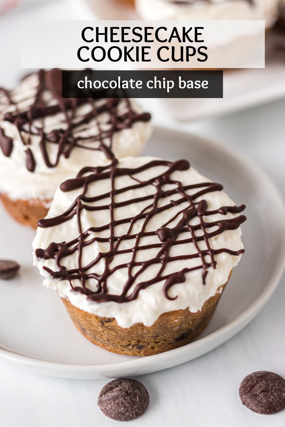 Cheesecake Cookie Cups start with a chocolate chip cookie base (pre-made or from scratch) and then are filled with an four ingredient, fluffy, no-bake cheesecake filling. Finish it all off with a chocolate drizzle and you have an easy and delicious mini dessert!
