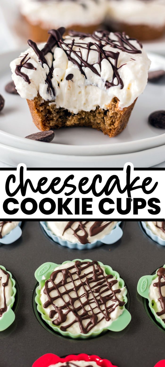 Cheesecake Cookie Cups start with a chocolate chip cookie base (pre-made or from scratch) and then are filled with a four ingredient, fluffy, no-bake cheesecake filling. Finish it all off with a chocolate drizzle and you have an easy and delicious mini dessert! | www.persnicketyplates.com