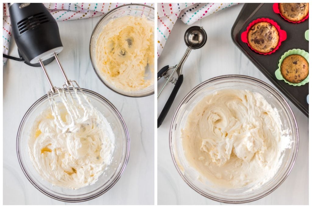 collage of two photos showing the creation of cheesecake filling.